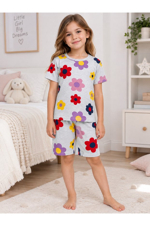 Girls' Cotton Summer Thin Fabric Gray Color Daisy Flower Pattern Short Sleeve Shorts Pajama Set