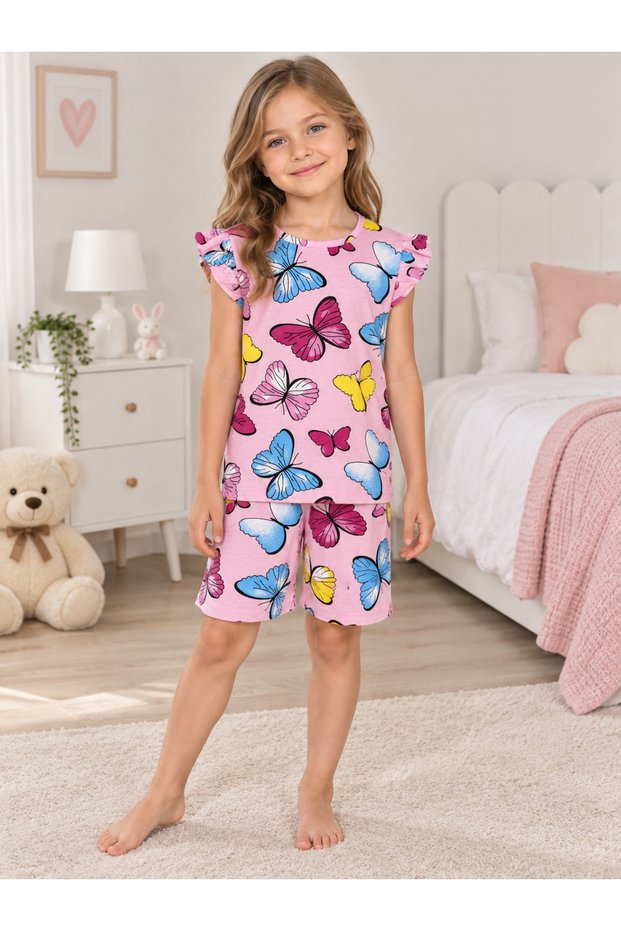 Girl's Cotton Thin Fabric Pink Color Patterned Short Ruffle Sleeve Shorts Summer Pajama Set