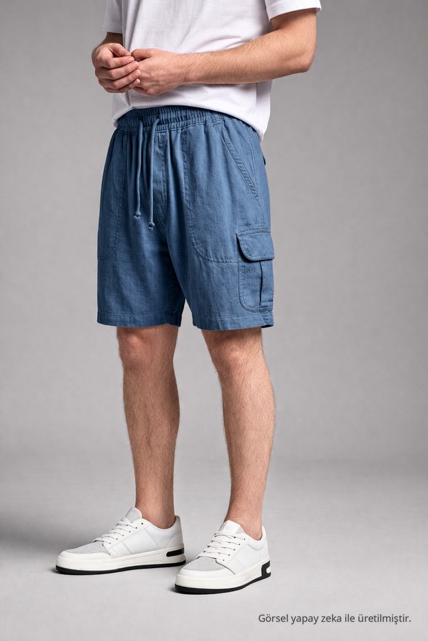 Men's Casual Cargo Pocket Shorts with Elastic Waist, Dark Blue Linen Shorts