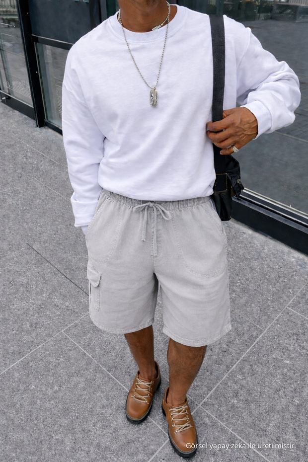 Men's Summer Cargo Pocket Regular Gray Linen Shorts