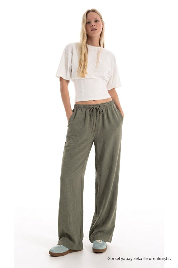 Women's Summer Comfortable Green Linen Trousers with Elastic Waist