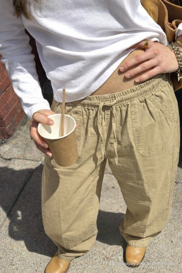 Women's Relax Fit Summer Loose Beige Linen Trousers