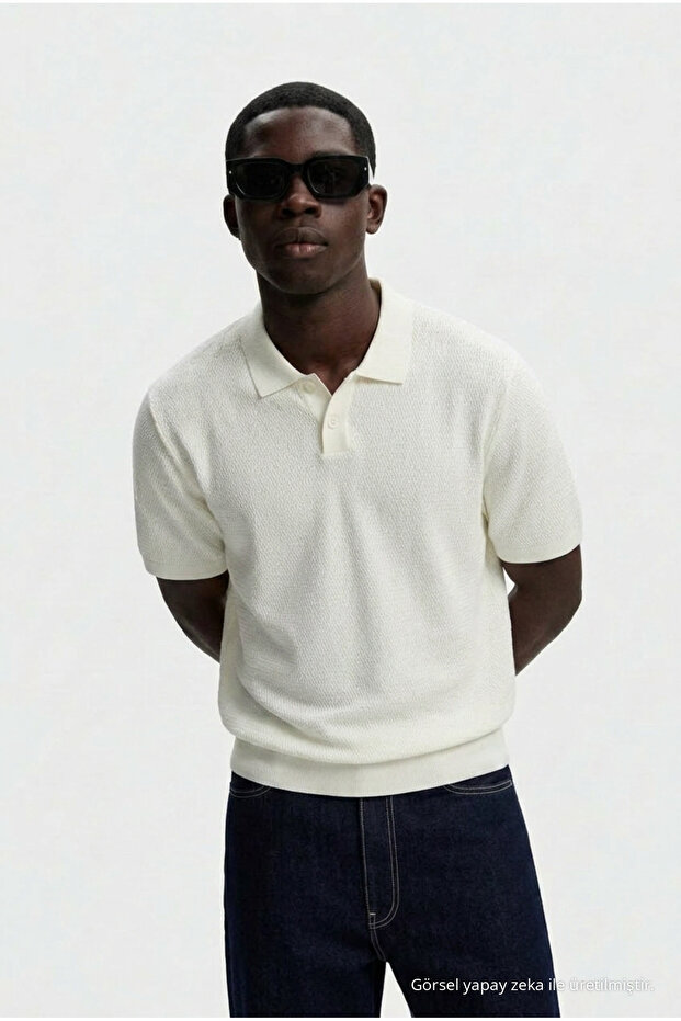 Men's Textured 100% Cotton Cream Polo Neck t Shirt