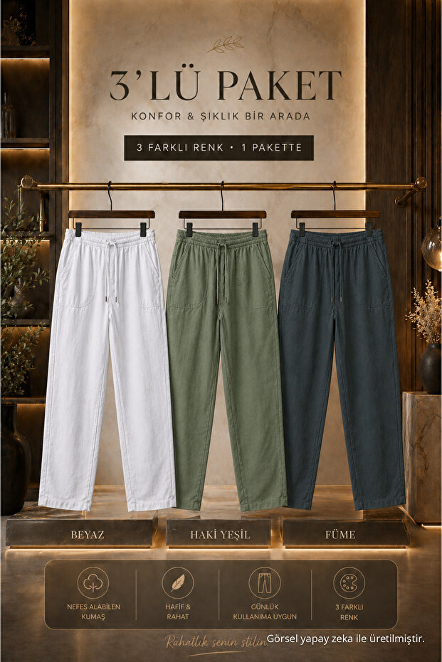 3 Pieces Men's High Waist Elastic Summer Linen Trousers