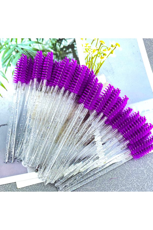 Purple 50Pcs Makeup Brushes Disposable Crystal Eyebrow Brush Diamond Handle Mascara Wand Applicator