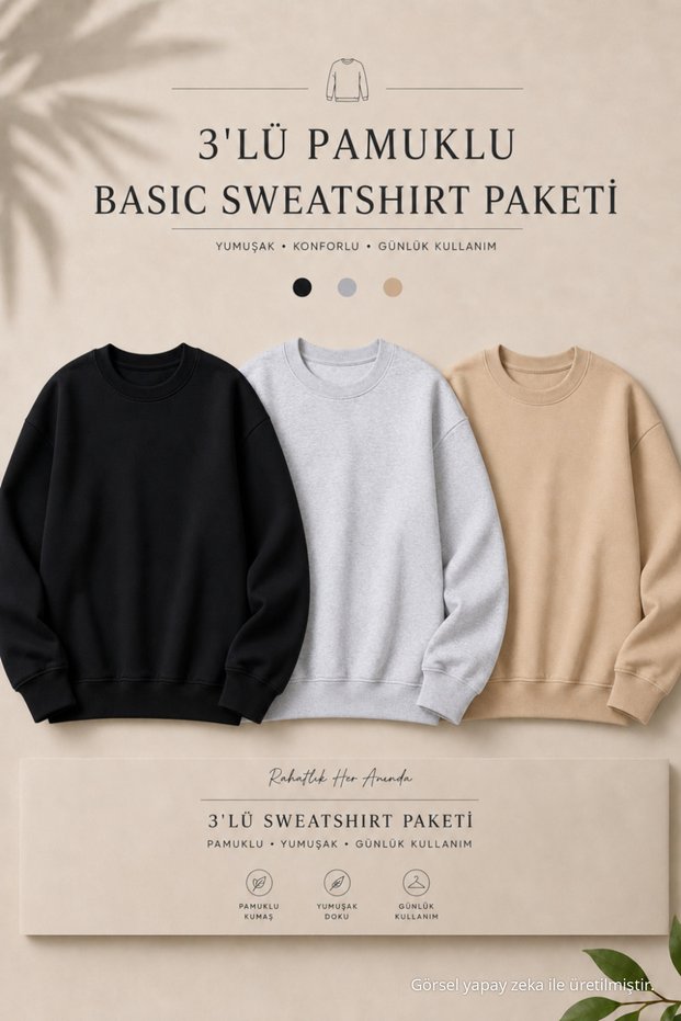 3 Pieces Men's 100% Cotton Regular Fit Basic Sweatshirt