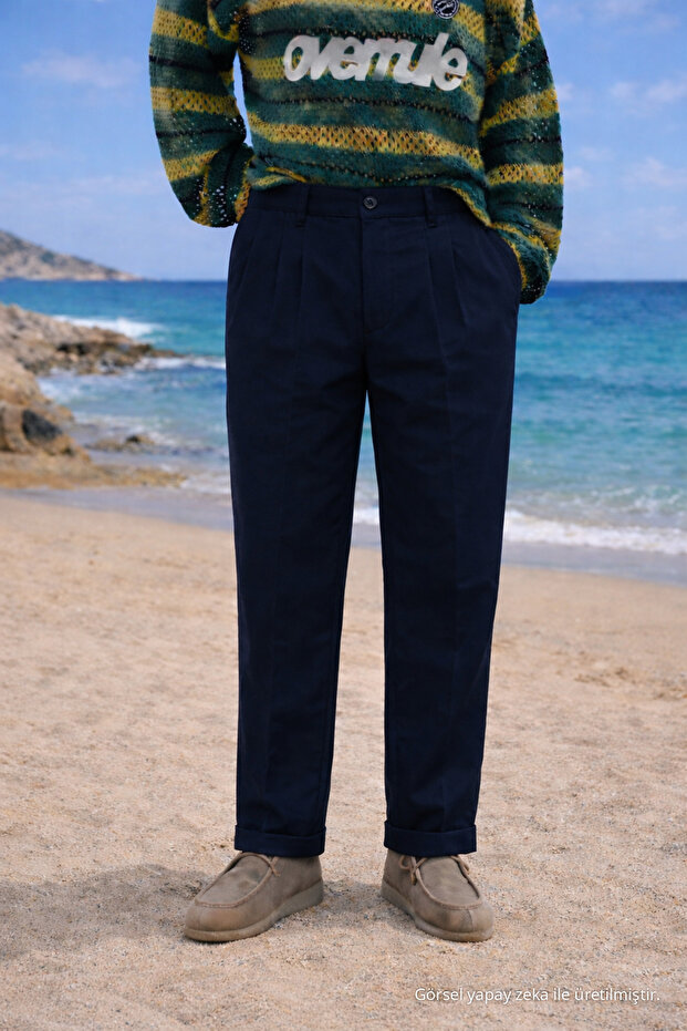 Men's Summer High Waist Pleated Navy Blue Fabric Trousers