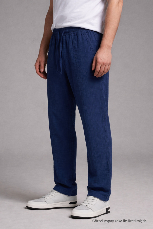 Men's Elastic Waist Loose-Legged Navy Blue Linen Trousers
