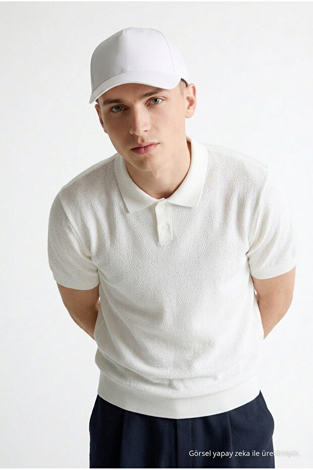 Men's Premium Comfort Textured White Polo Collar T-Shirt