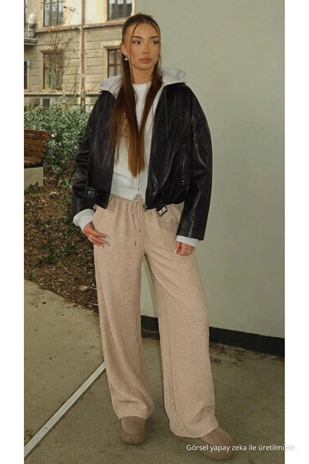 Women's Casual Textured Palazzo Cream Linen Trousers