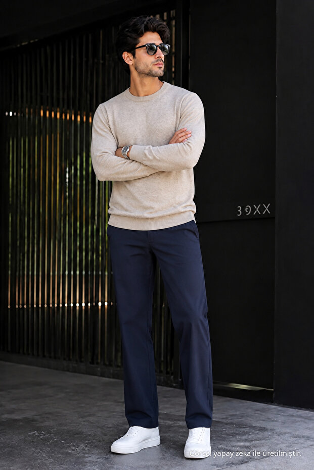 Men's Knitwear Casual Thick Beige Basic Sweater