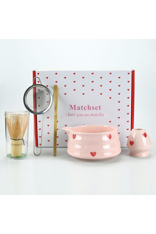 Pink Heart 5pcs 2/4/5pcs Matcha Whisk Set with Pink Heart Design, Matcha Set Includes Matcha Bowl, M