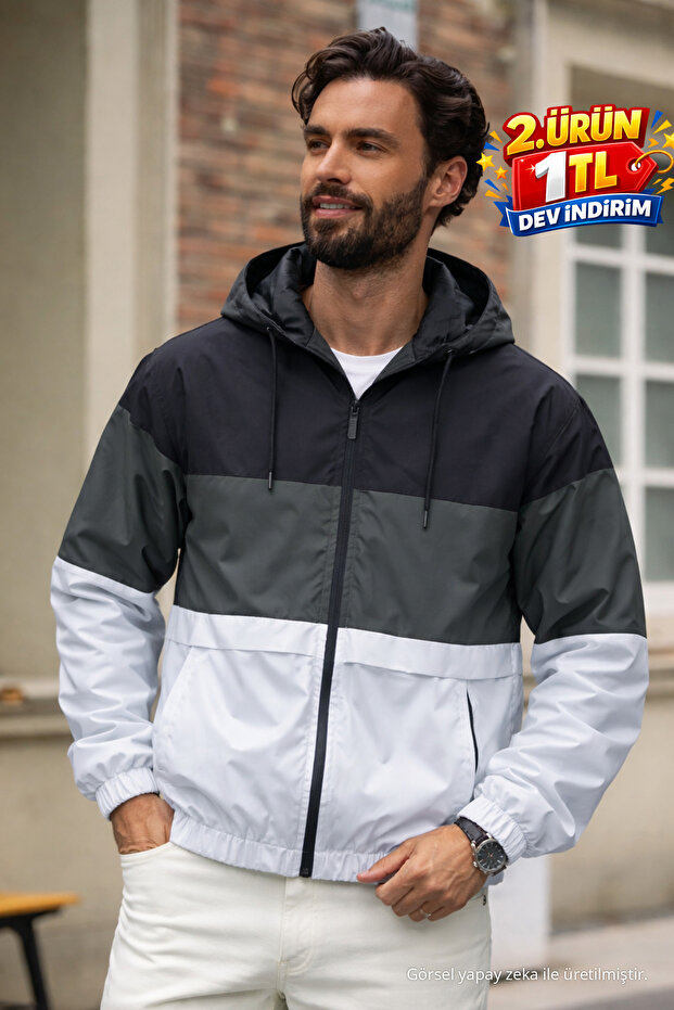Men's Comfort Fit Patterned Loose-Fit Khaki Raincoat & Windbreaker