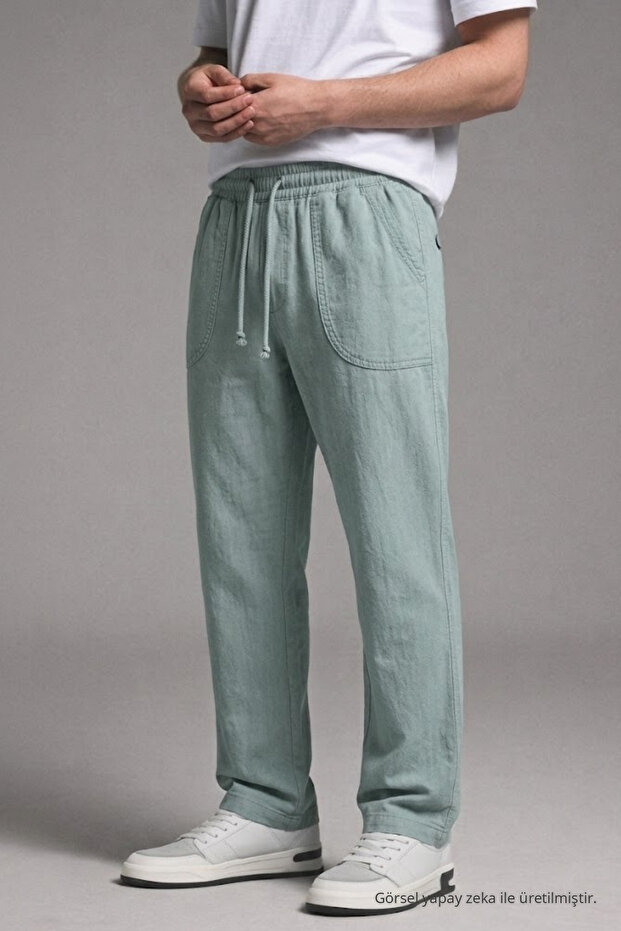 Men's Elastic Waist Loose-Fit Light Green Linen Trousers