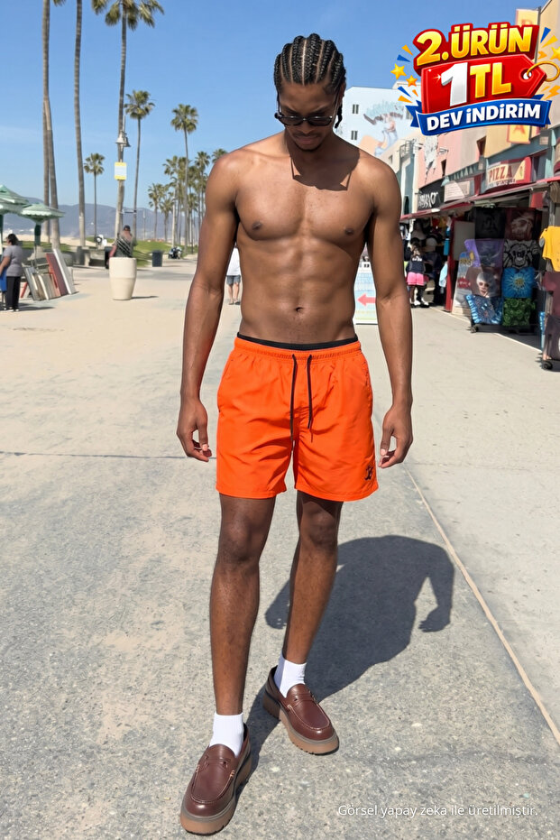 Men's Lined Comfortable Zipper Pocket Orange Swim Shorts