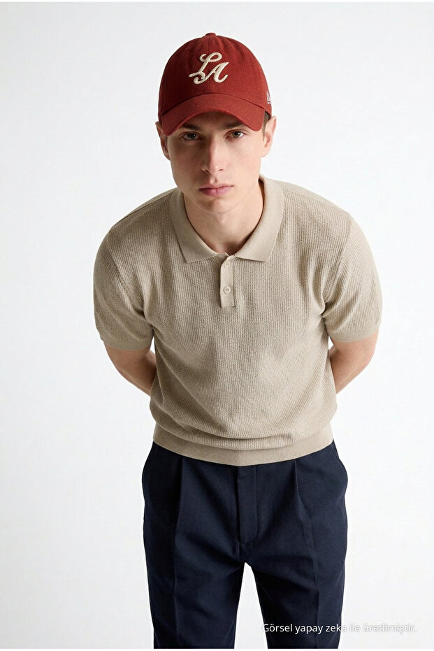 Men's Premium Comfort Textured Beige Polo Collar t Shirt