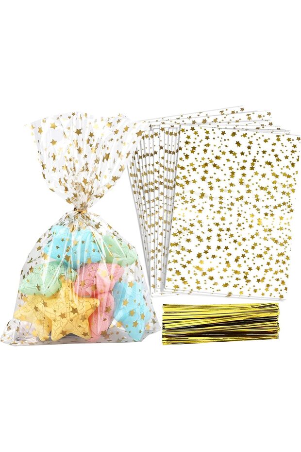 50pcs Gold 50 Pcs Star Printed Gift Wrap Cello Cellophane Treat Bags Party Favor bags for Bakery,Bir
