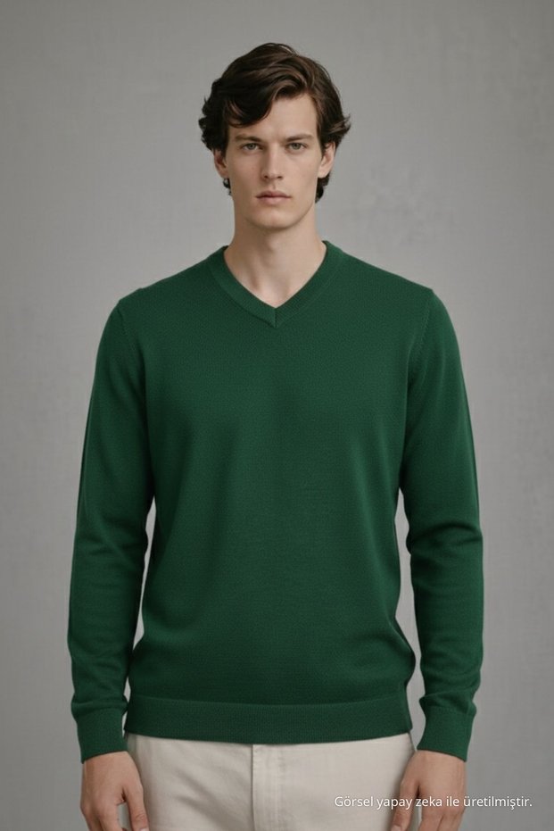Men's Winter Loose Green V-Neck Knit Sweater