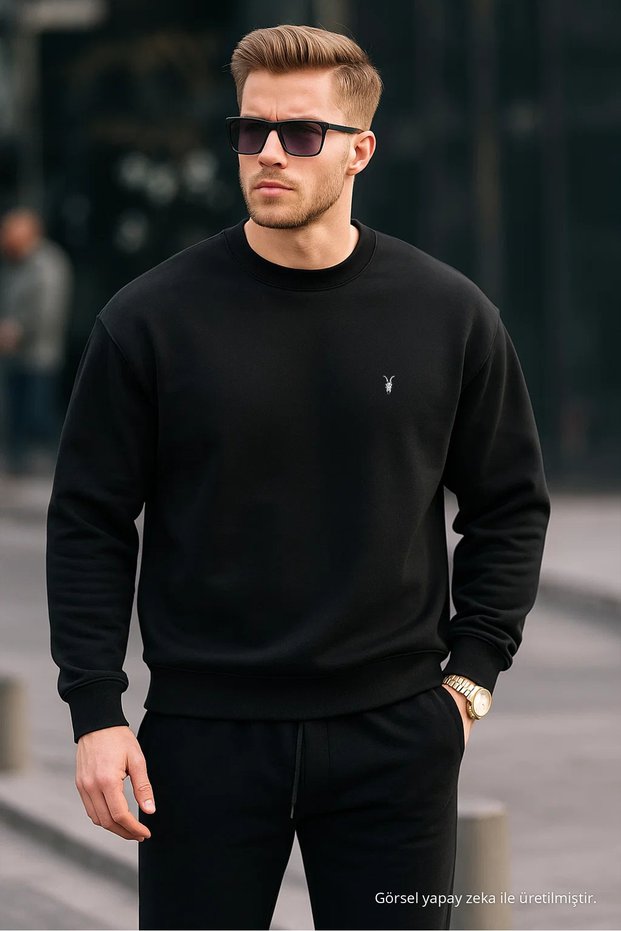 Černá pánská mikina Basic Crew Neck Povolená běžná