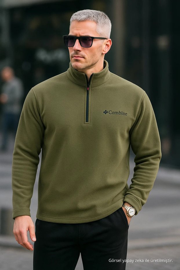 Men's Half Zipper Khaki Slim Fit Fleece Sweatshirt