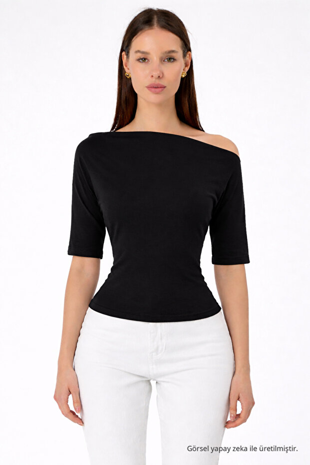 Women's Off-The-Shoulder Short Sleeve Black Tight Blouse