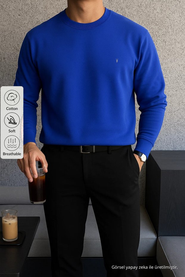 Erkek Kışlık Salaş Basic Mavi Sweatshirt