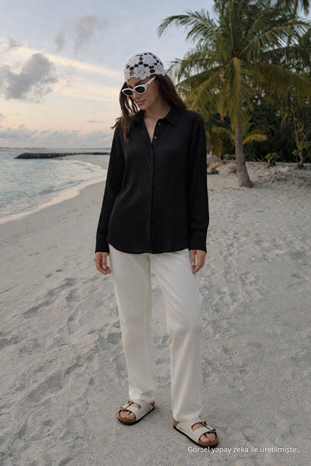 Women's Linen Look Summer Black Loose Shirt