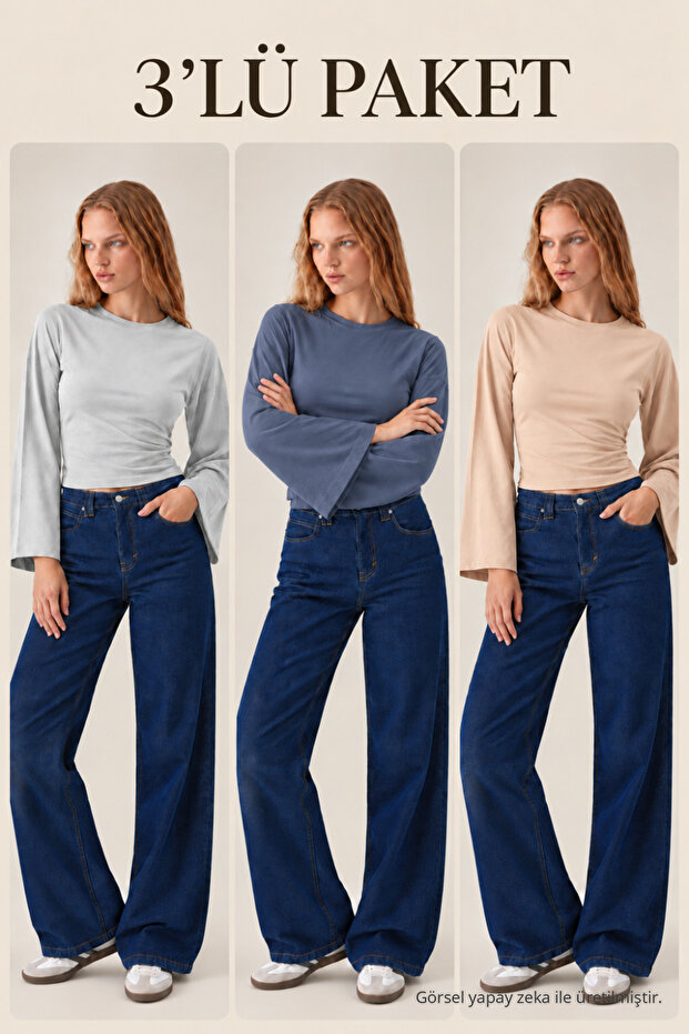 Women's Long Bat Sleeve 3-Piece Crop Blouse