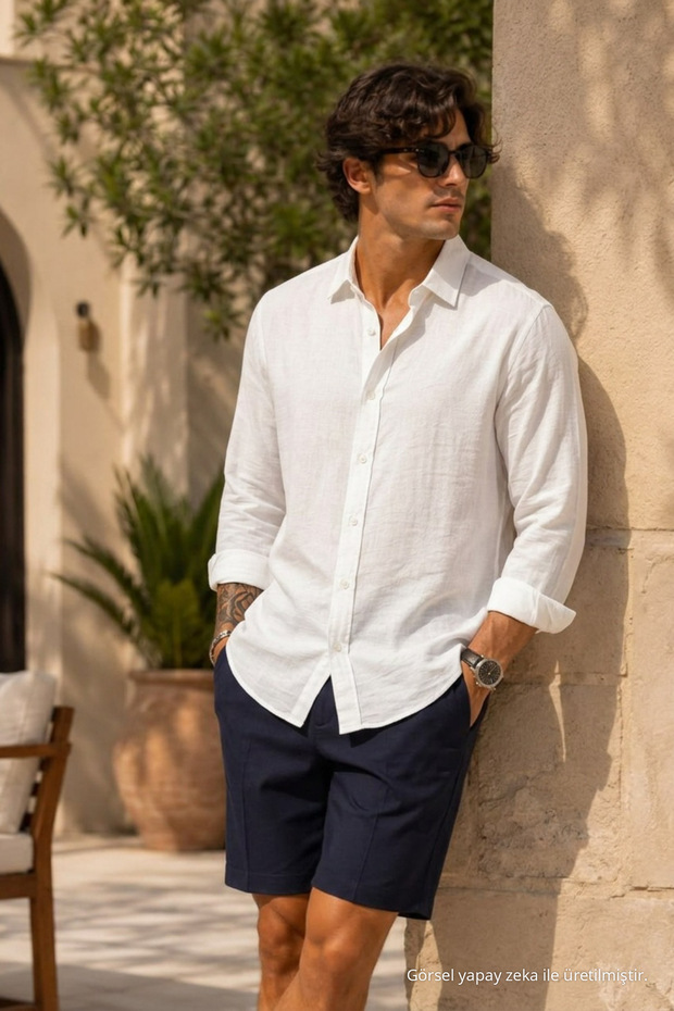 Men's Polo Collar Loose White Muslin Shirt