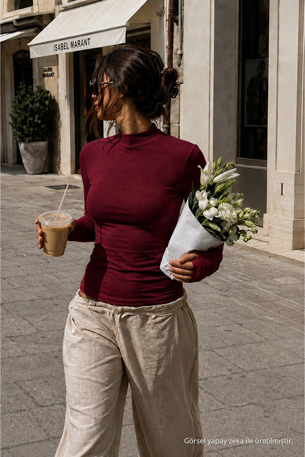 Women's Autumn Textured Body Line Burgundy Blouse
