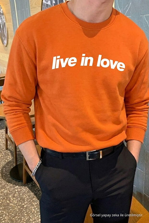 Live in Love Printed Cotton Men's Orange Sweatshirt