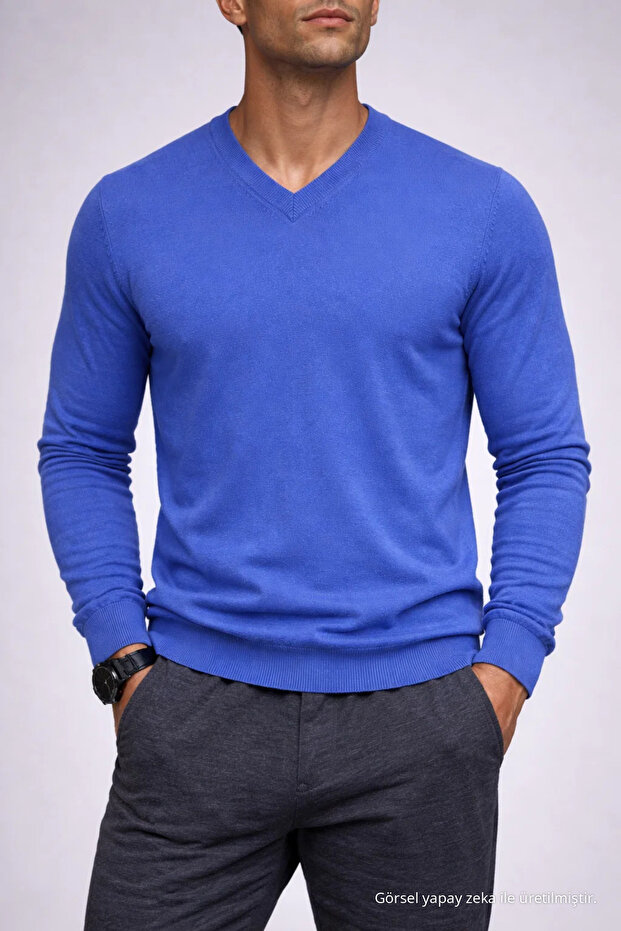 Men's Long Sleeve Loose V-Neck Blue Knit Sweater