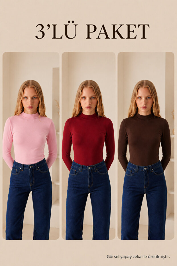 Women's Half Turtleneck Basic 3-Piece Blouse