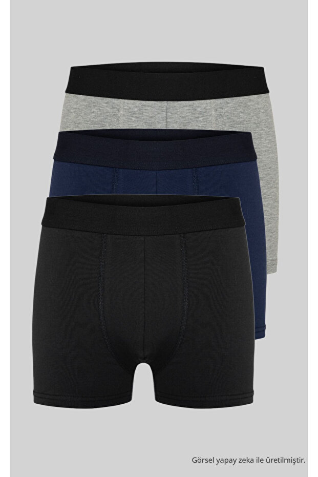 Men's 3-Piece Gray-Navy Blue-Black Cotton Lycra Flexible Boxer
