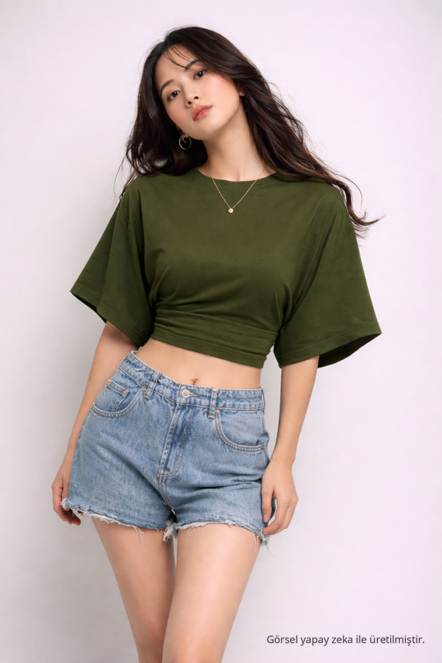Women's Summer Short Sleeve Khaki Crop Blouse