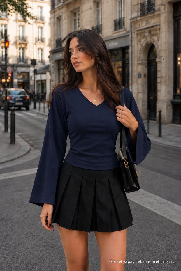 Women's V-Neck Casual Navy Blue Blouse for the Off-Season