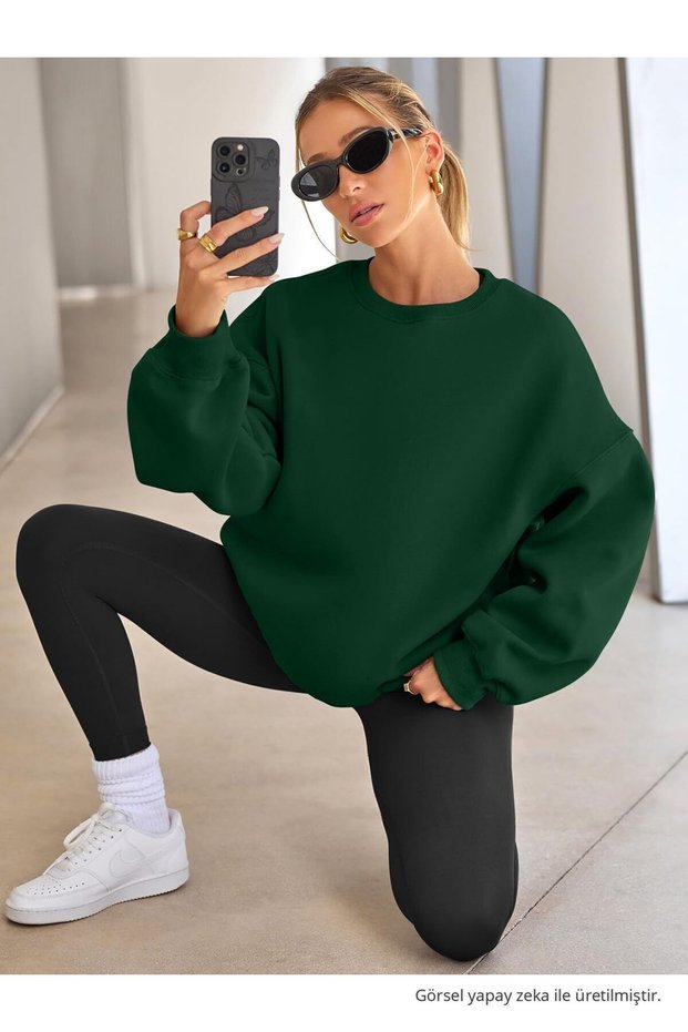 Women's Crew Neck Basic Oversize Sweatshirt Dark Green