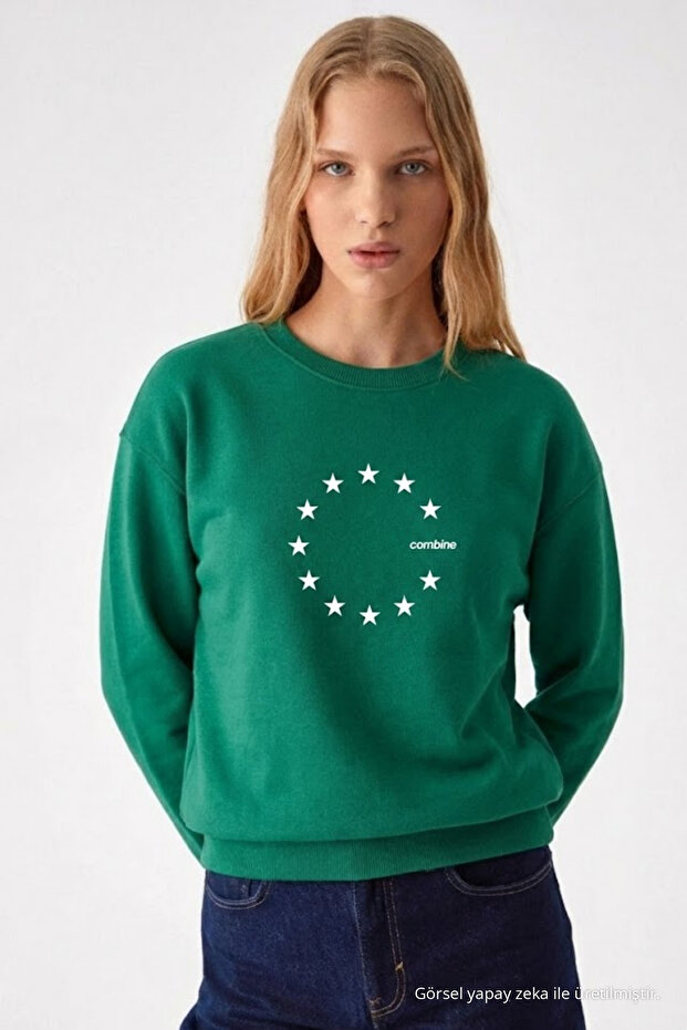 Women's Star Printed Green Casual Sweatshirt