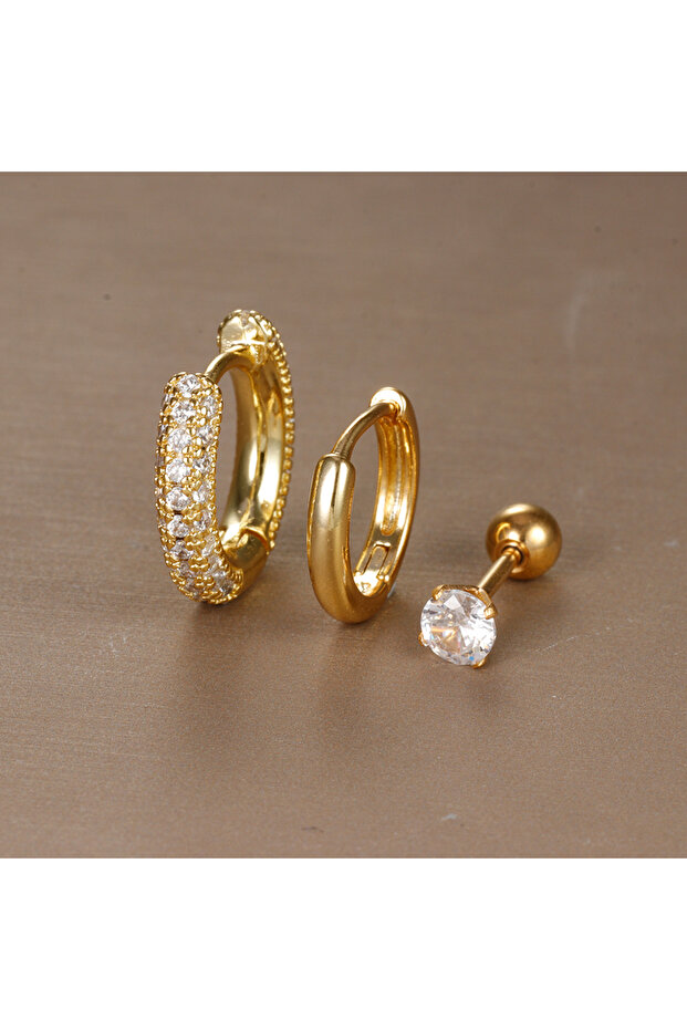 Y25036b-Gold-3pcs 3PCS Trendy Round Circle Hoop Earrings Set for Women Tiny Stainless Steel Cartilag
