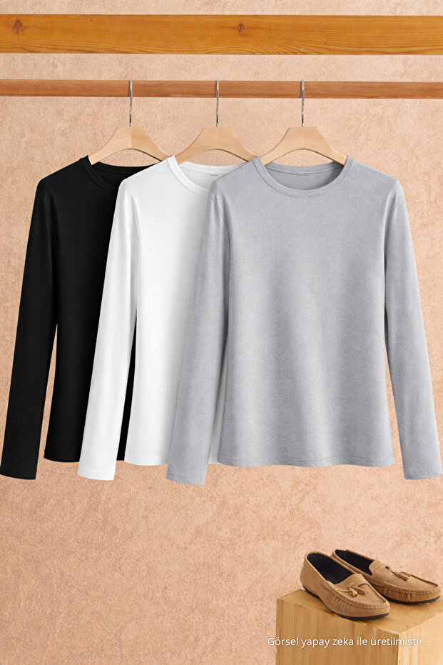 Women's Cotton Crew Neck Slim Fit 3-Piece Blouse