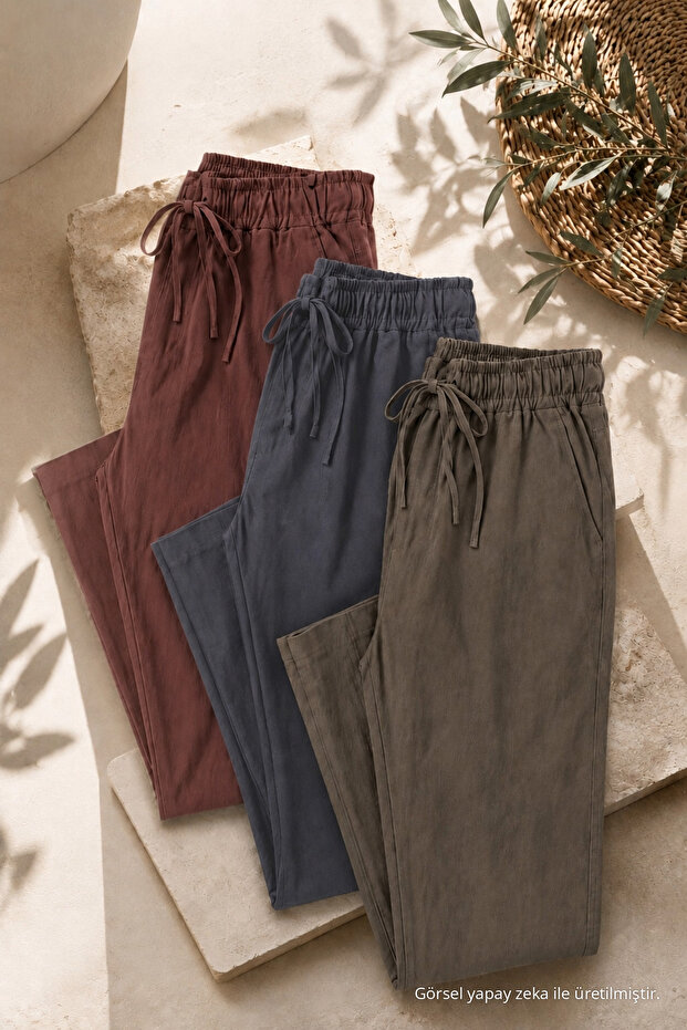 Men's 3-Piece Loose Linen Trousers with Elastic Waist