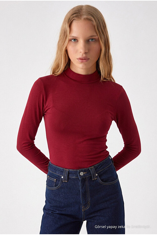 Women's Slim Fit Raglan Sleeve Burgundy Knitted Blouse