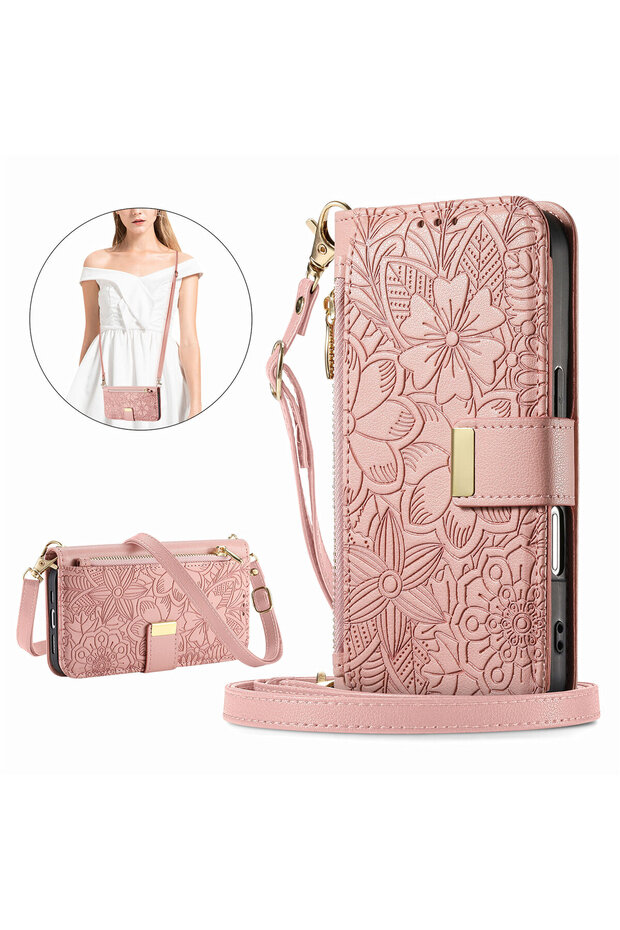iPhone17 Pro Pink Long Strap Leather Zipper Crossbody Flip Wallet Card Slot Phone Case For iPhone 16