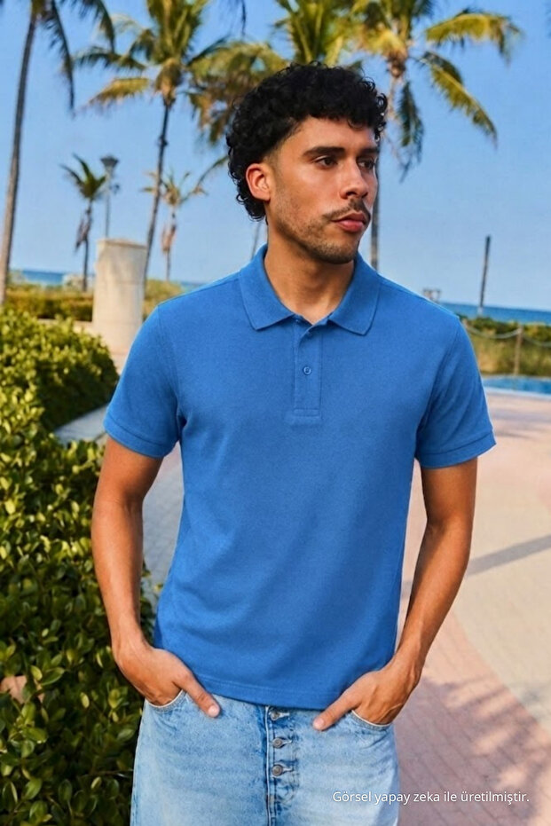 Men's Short Sleeve A.Blue Loose Polo Collar T-Shirt
