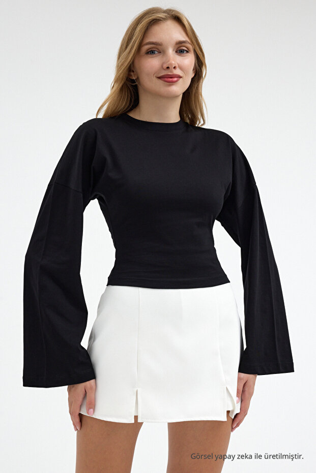 Kadın Basic Geniş Kol Siyah Crop Bluz