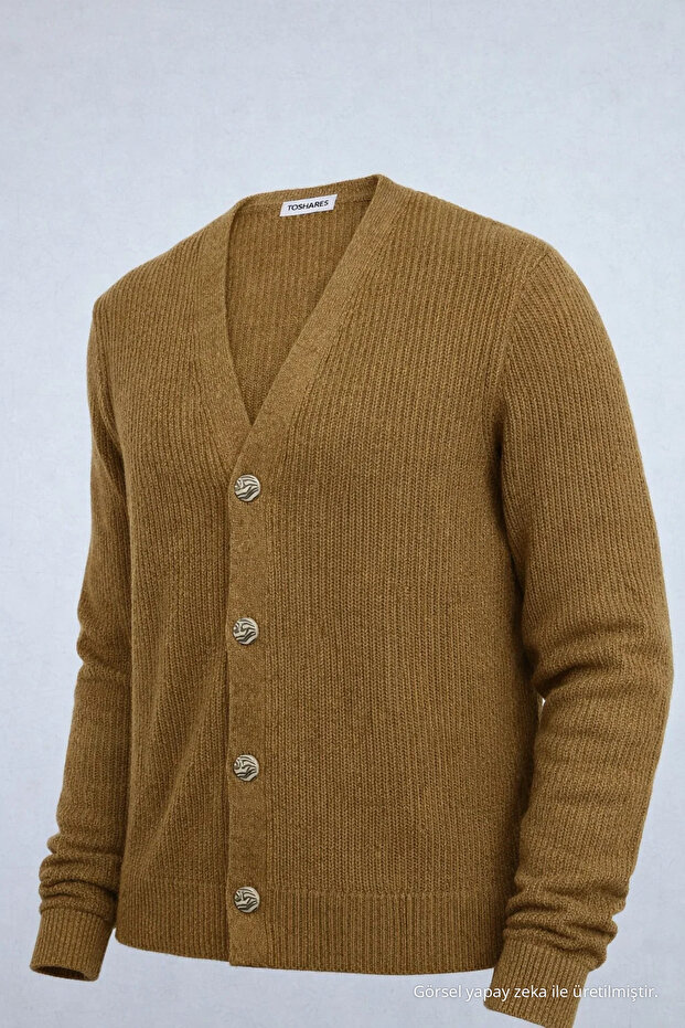 Women's V-Neck Buttoned Loose Caramel Knit Sweater