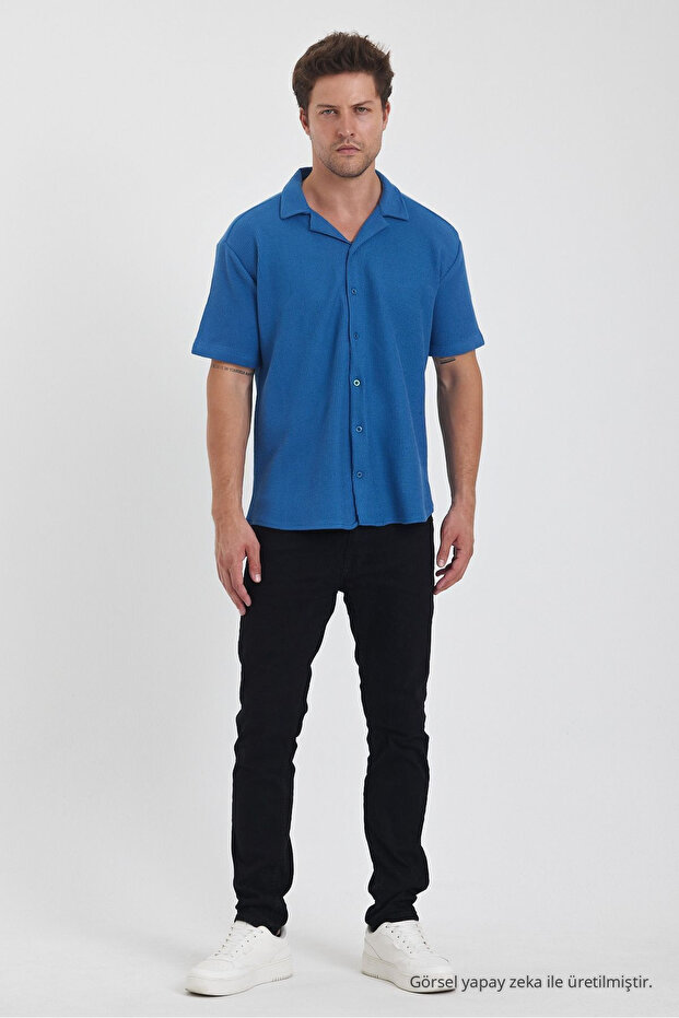 Men's Cotton Stretchy Cuban Collar Short Sleeve Shirt Blue
