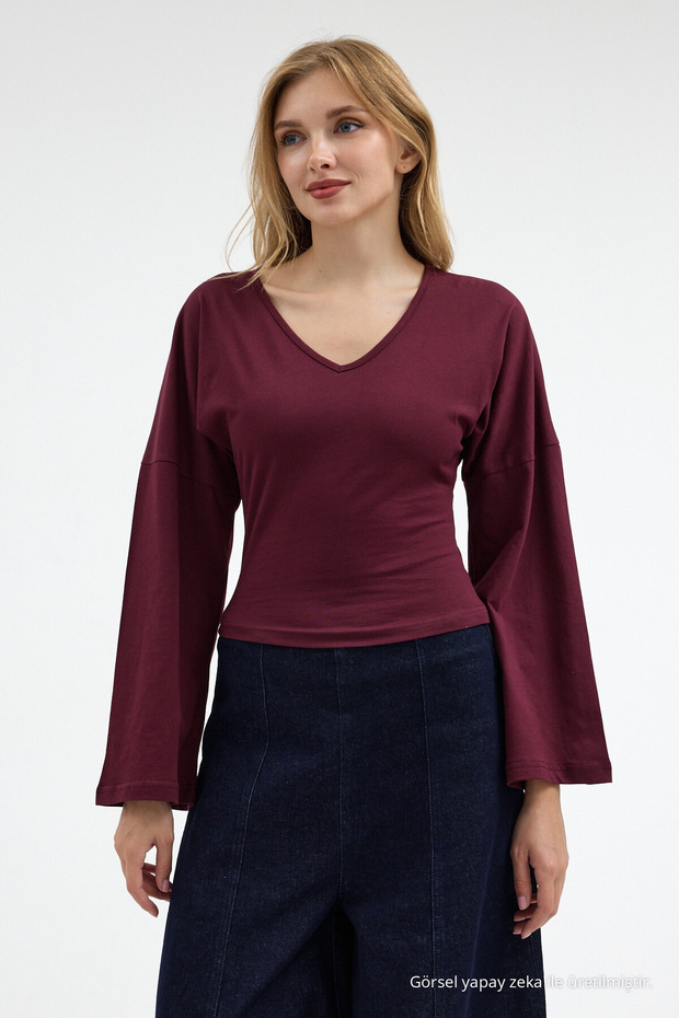 Women's V-Neck Long Sleeve Tight Burgundy Blouse