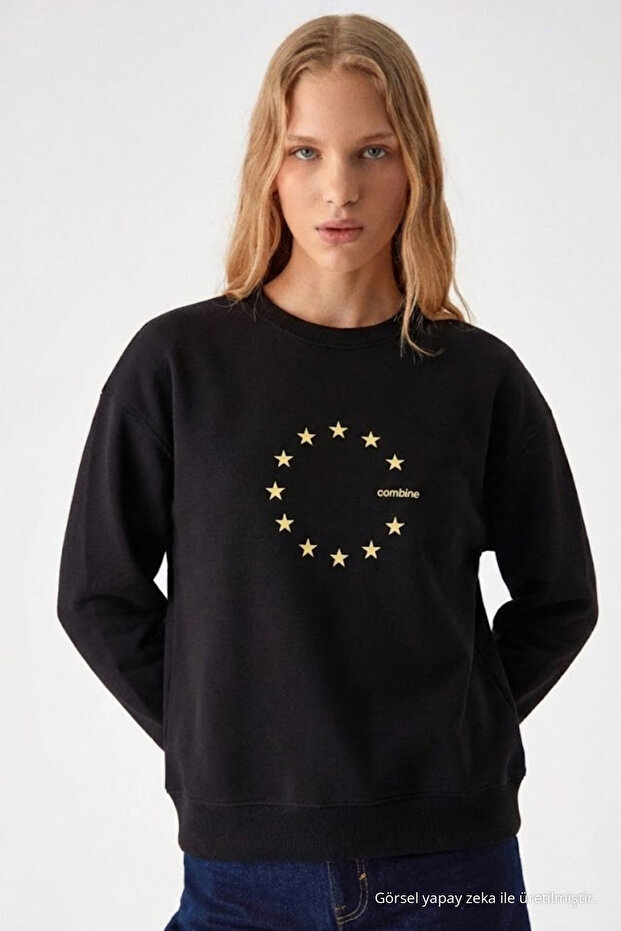 Women's Star Printed Black Casual Sweatshirt