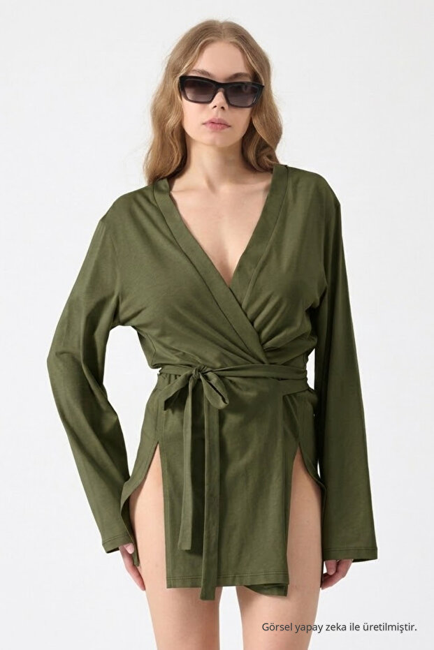 Women's Beach Wear Comfortable Belted Khaki Kimono